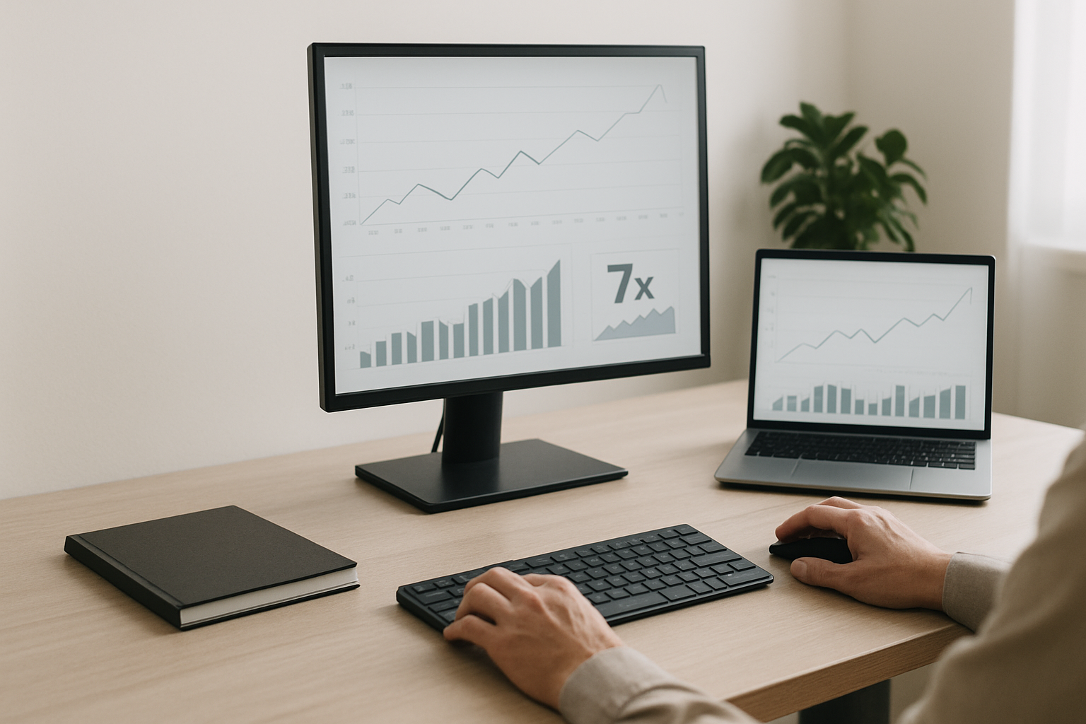 Professional workspace showing PPC analytics dashboard with 7x ROAS performance metrics