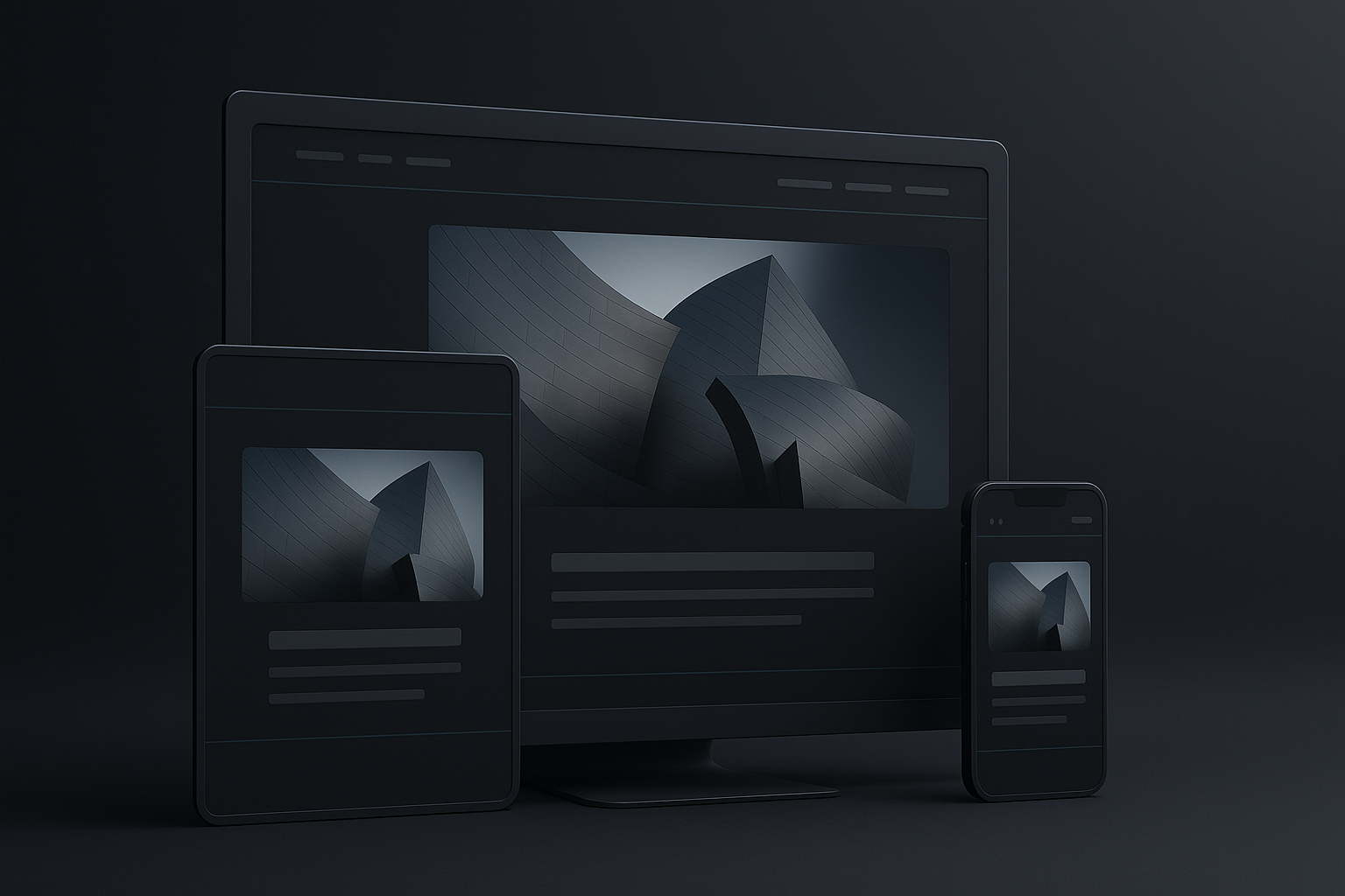Responsive website design showcased across desktop, tablet, and mobile devices with modern architecture imagery