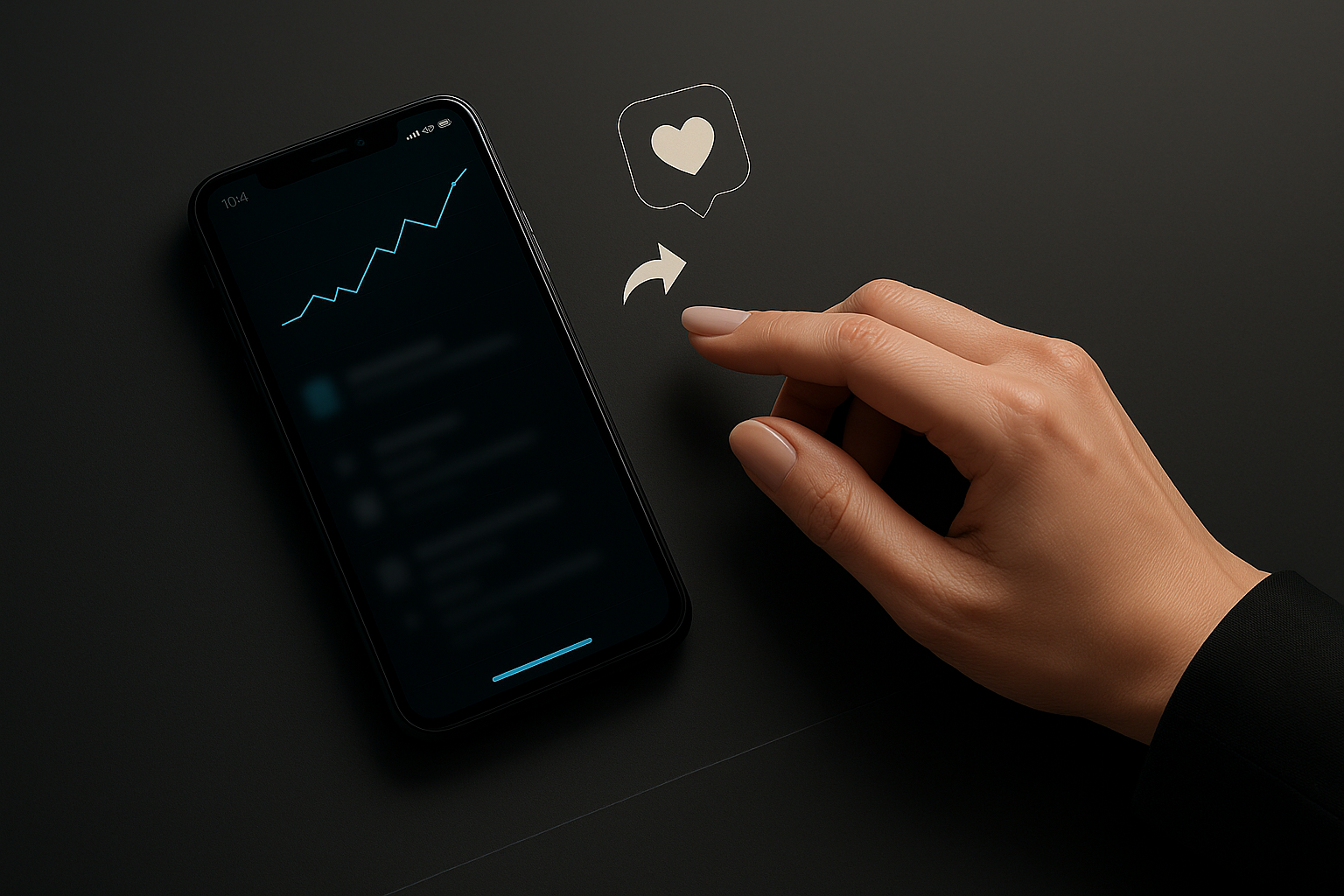 Hand reaching toward smartphone showing upward trending social media analytics with floating heart icon representing engagement growth